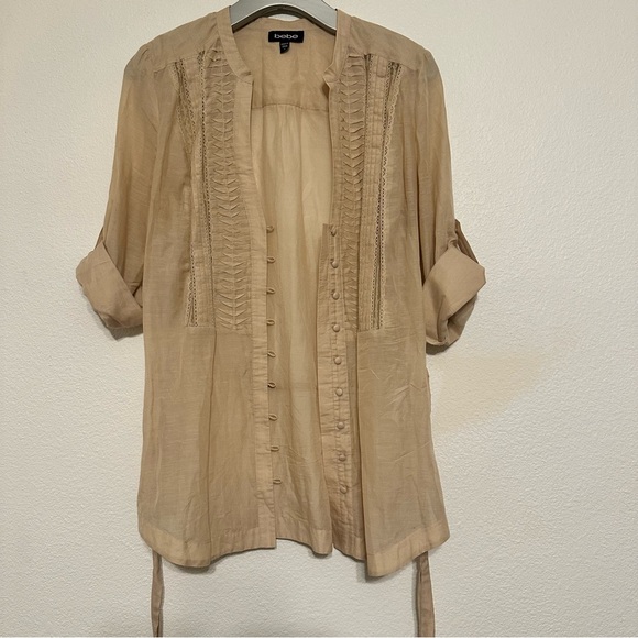 Bebe, Women's Tan Button-Up Sheer Silk Blouse with Lace - Picture 2 of 16